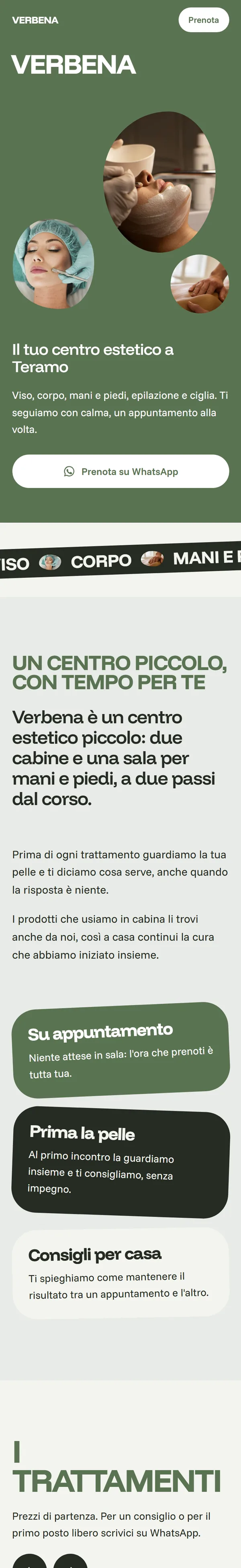 Il sito d'esempio di un centro estetico, visto dal telefono