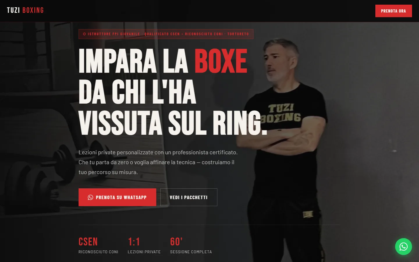 Il sito di Tuzi Boxing visto dal computer: l'istruttore sul ring e il titolo Impara la boxe da chi l'ha vissuta sul ring
