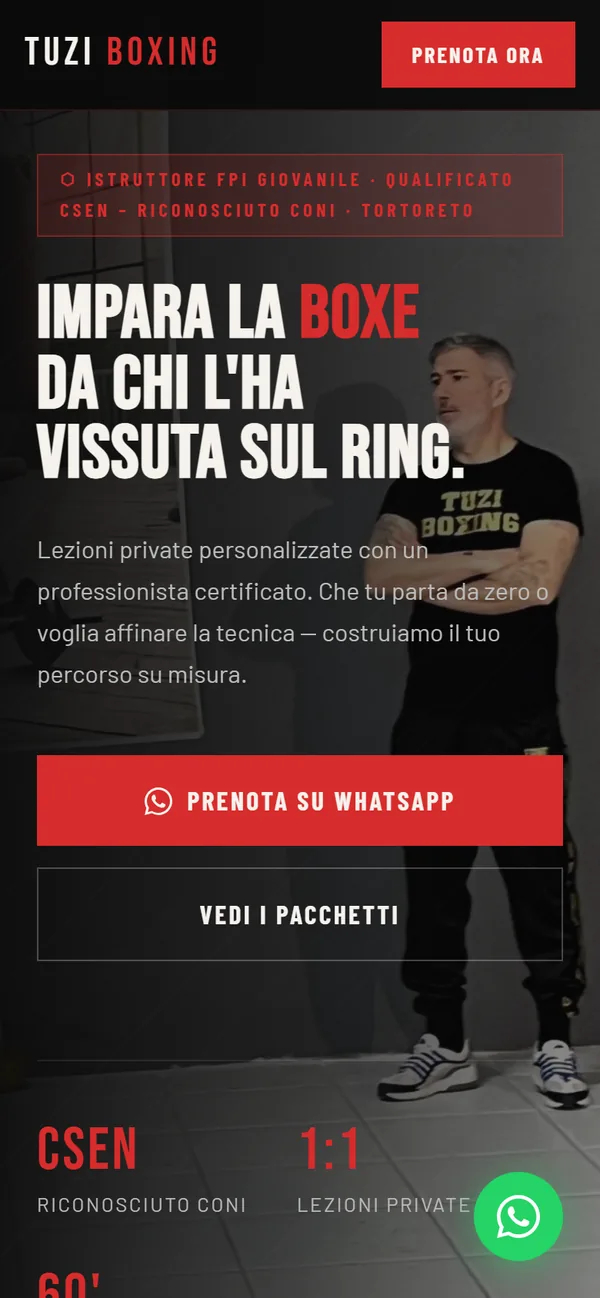 Il sito di Tuzi Boxing visto dal telefono